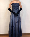 Dark Navy Spaghetti Straps A-Line Beading Long Prom Dress Vintage Party Dress, HZ0319