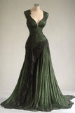 Retro Green V Neck Sheath Lace Chiffon Wrinkles Long Prom Dress Evening Gown, HZ0319
