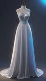 White Spaghetti Straps A-Line Satin Long Formal Prom Dress Evening Gown, HZ0319