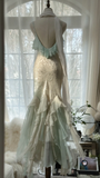 Gorgeous Straps Beading Ruffles Mermaid Long Prom Dress Vintage Party Dress, HZ0319
