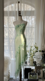 Light Sage One Shoulder Beading Chiffon Long Evening Gown Vintage Party Dress, HZ0319