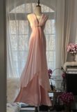Elegant Pink V Neck Sheath Satin Vintage Long Party Dress Evening Gown, HZ0319