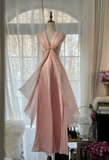 Elegant Pink V Neck Sheath Satin Vintage Long Party Dress Evening Gown, HZ0319