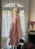 Elegant Pink V Neck Sheath Satin Vintage Long Party Dress Evening Gown, HZ0319
