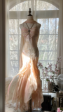 Light Pink Straps Mermaid Tiered Beaing Vintage Long Party Dress Evening Gown, HZ0319