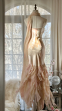 Light Pink Straps Mermaid Tiered Beaing Vintage Long Party Dress Evening Gown, HZ0319