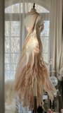 Light Pink Straps Mermaid Tiered Beaing Vintage Long Party Dress Evening Gown, HZ0319