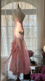 Pink Spaghetti Straps Beaing Chiffon Vintage Long Party Dress Evening Gown, HZ0319