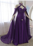 Purple Sweetheart A-Line Chiffon Long Party Dress Vintage Evening Dress, HZ0319