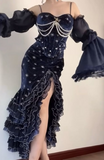 Prom Dress Dark Navy Spaghetti Straps Mermaid Layers Ruffles Sexy Evening Dress Birthday Outfits, HZ0319