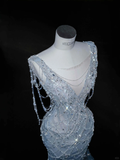Light Blue Sleeveless Mermaid Beading Long Evening Dress Birthday Outfits, HZ0319