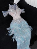 Shiny Light Blue Beaded Sequined Design Mermaid Prom Dress Evening Dress HZ0319