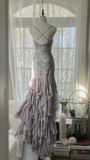 Light Lilac Straps Mermaid Beading Ruffles Long Evening Dress Birthday Outfits, HZ0319