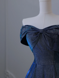 Elegant Navy Blue Off Shoulder A-Line Long Formal Prom Dress Birthday Outfits, HZ0319