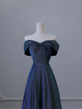 Elegant Navy Blue Off Shoulder A-Line Long Formal Prom Dress Birthday Outfits, HZ0319