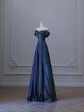 Elegant Navy Blue Off Shoulder A-Line Long Formal Prom Dress Birthday Outfits, HZ0319