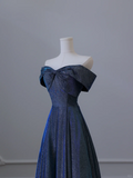 Elegant Navy Blue Off Shoulder A-Line Long Formal Prom Dress Birthday Outfits, HZ0319