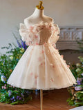 Vintage Pink 3D Flower Design A-line Off-the-shoulder Homecoming Dress , HZ0319