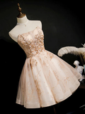 Vintage Champagne Applique Beaded Strapless Design A-line Tulle Party Dress Homecoming Dress HZ0319