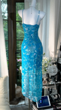 Vintage Blue Mermaid Sparkling Long Chiffon Spaghetti Strap Romantic Evening Dress Prom Dresses HZ0319
