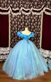 Retro Blue Off-the-shoulder A-Line Tulle Quinceanera Dresses Sweet 18 Birthday Ball Gowns, HZ0319