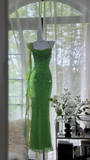 Vintage Shiny Sequin Green Spaghetti Strap Design A-line Romantic Chiffon Evening Dress Prom Dress HZ0319